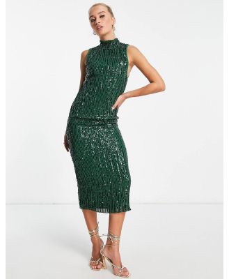 ASOS DESIGN high neck embellished midi dress in plisse sequin in forest green