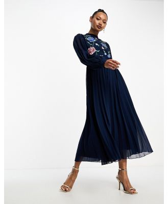 ASOS DESIGN high-neck pleated long-sleeved skater midi dress with embroidery in navy
