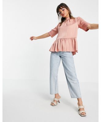 ASOS DESIGN high neck short sleeve peplum smock blouse in pink