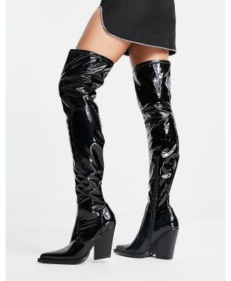 ASOS DESIGN Kansas heeled western over the knee boots in black patent