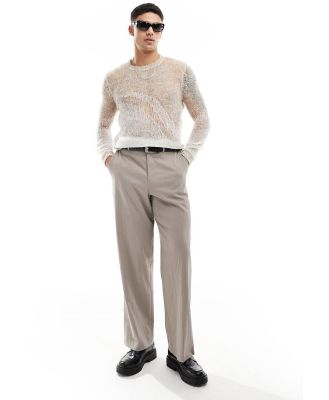 ASOS DESIGN knitted crew neck jumper in stone sheer wave texture-Neutral