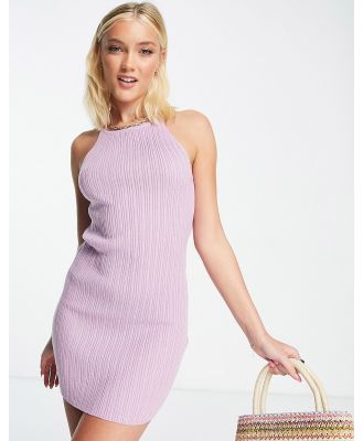 ASOS DESIGN knitted halter mini dress in rib in lilac-Purple