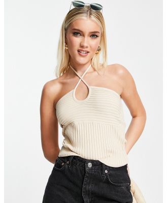 ASOS DESIGN knitted halterneck cami in mixed rib in camel-Neutral