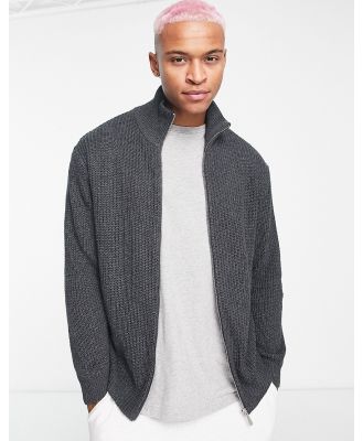 ASOS DESIGN knitted oversized fisherman rib zip through jumper in charcoal-Grey