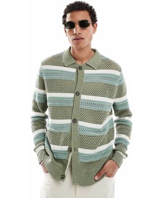 ASOS DESIGN knitted pointelle cardigan in green and white stripe