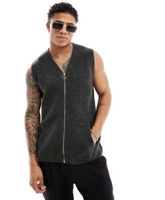 ASOS DESIGN knitted relaxed fisherman rib tank with zip in charcoal-Grey