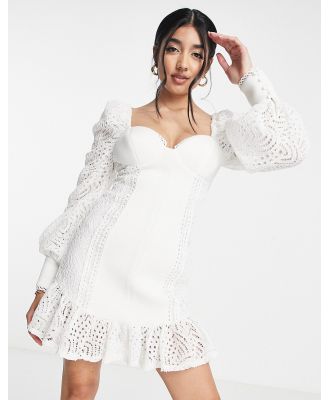 ASOS DESIGN lace sleeve bust cup mini dress with pep hem in ivory-White
