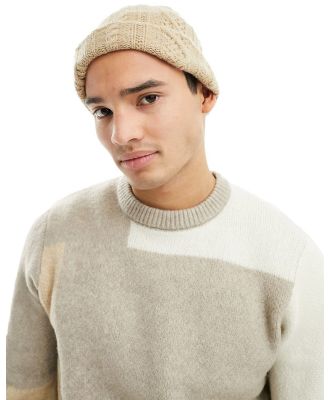 ASOS DESIGN lambs wool cable knit beanie in oatmeal-Neutral