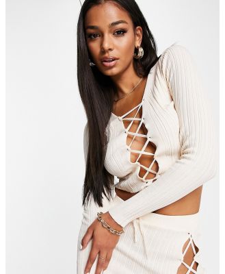 ASOS DESIGN light knit lace up beach crop top in natural (part of a set)-White