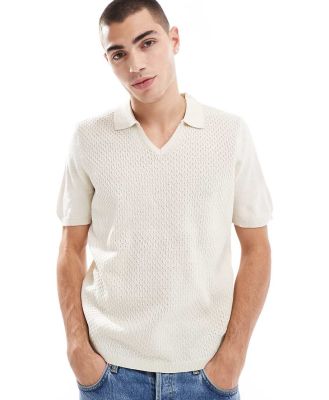 ASOS DESIGN lightweight knit polo shirt in beige-Neutral