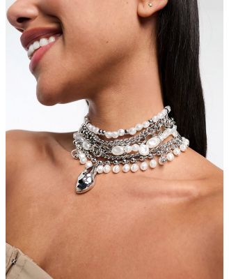 ASOS DESIGN Limited Edition choker necklace with mixed faux pearl and chain with molten pendant in silver tone