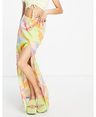 ASOS DESIGN linen maxi skirt with split in bright swirl print-Multi