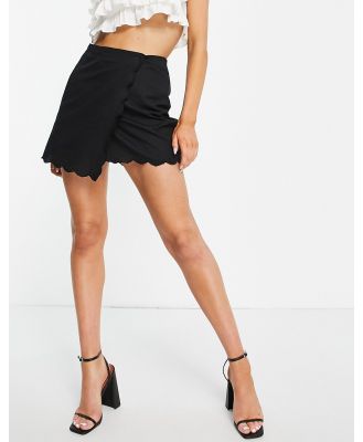 ASOS DESIGN linen mini wrap skirt with scalloped hem in black-White