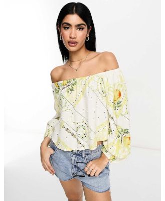 ASOS DESIGN linen off shoulder festival top in mixed fruit print-Multi