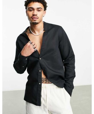 ASOS DESIGN linen shirt with deep notch neck in black