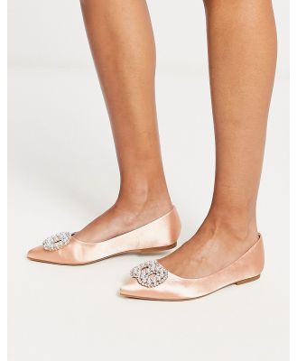ASOS DESIGN Lola faux pearl embellished pointed ballet flats in blush satin-Neutral