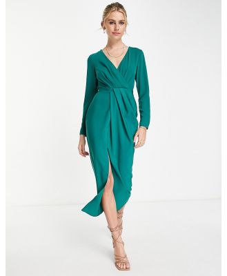 ASOS DESIGN long sleeve plunge pleat front midi dress in dark green