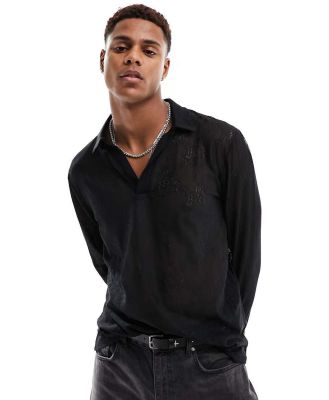 ASOS DESIGN long sleeve polo with deep v neck in black lace