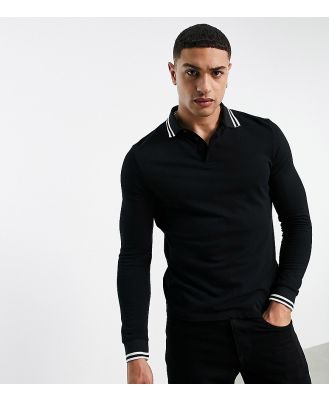 ASOS DESIGN long sleeve tipped pique polo shirt in black