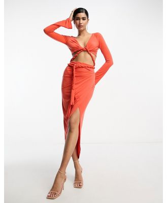 ASOS DESIGN long sleeve two pieced rope detail midi dress in burnt coral-Orange