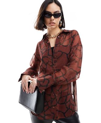 ASOS DESIGN longline sheer shirt in red crackle print