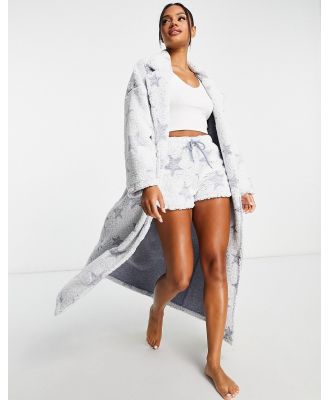 ASOS DESIGN lounge mix & match star bleached borg maxi robe in blue-White