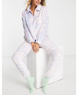 ASOS DESIGN lounge super soft oversized tiger fleece zip up sweat & trackies set in white & lilac-Multi