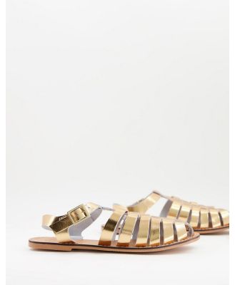 ASOS DESIGN Marina leather fisherman flat shoes in gold metallic
