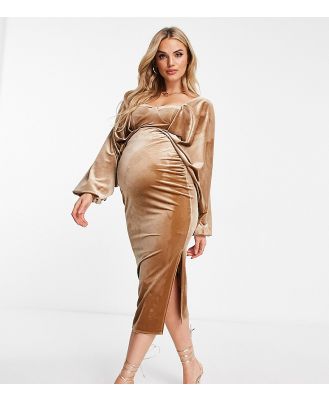 ASOS DESIGN Maternity batwing sleeve velvet midi dress in camel-Neutral