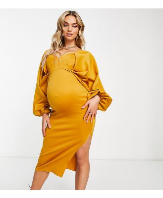 ASOS DESIGN Maternity batwing sweetheart neck bodycon midi dress in mustard-Yellow