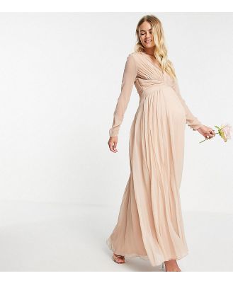 ASOS DESIGN Maternity Bridesmaid ruched waist maxi dress with long sleeves and pleat skirt in blush-Pink