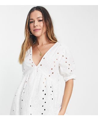 ASOS DESIGN Maternity broderie smock top with peplum hem & puff sleeve in white