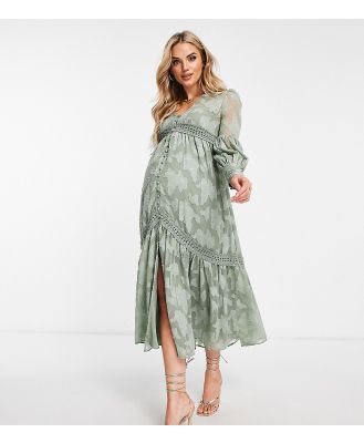 ASOS DESIGN Maternity button through midi shirt dress with lace inserts in burnout in khaki-Green