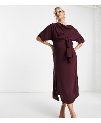 ASOS DESIGN Maternity cowl neck midi dress with tie waist in burgundy-Red