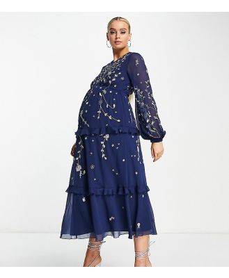 ASOS DESIGN Maternity embellished tiered midi dress with wild bloom floral embroidery in navy