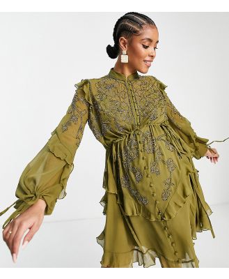 ASOS DESIGN Maternity embelllished chiffon mini dress with stencil floral beading in olive-Navy