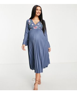 ASOS DESIGN Maternity embroidered pleated midi dress in blue