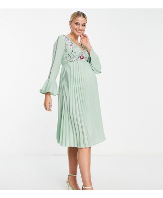 ASOS DESIGN Maternity embroidered pleated midi dress in sage-Green