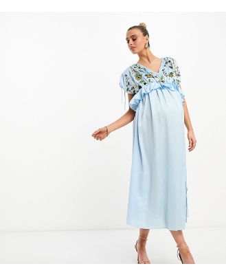 ASOS DESIGN Maternity embroidered satin midi dress with frill waist in pale blue