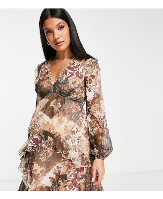 ASOS DESIGN Maternity long sleeve mini dress in patchwork floral print with circle trims-Multi