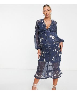 ASOS DESIGN Maternity midi dress in check print with pop floral embroidery and lace inserts-Blue
