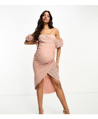 ASOS DESIGN Maternity off shoulder wrap plisse midi dress in soft pink