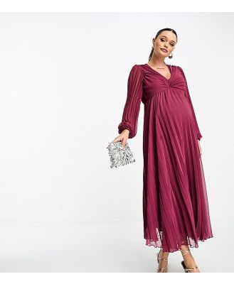 ASOS DESIGN Maternity pleated bodice plunge neck midi dress in oxblood-Red