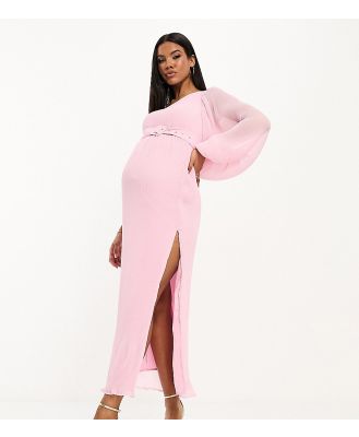 ASOS DESIGN Maternity plisse one shoulder midi dress with belt in light pink