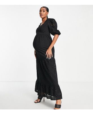 ASOS DESIGN Maternity plunge broderie tiered midi dress with button neck in black