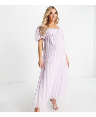 ASOS DESIGN Maternity puff sleeve pleated dobby midi dress with scallop trim in lavender-Purple