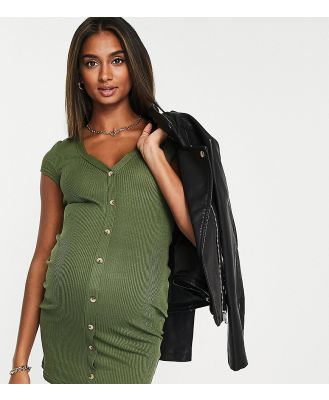 ASOS DESIGN Maternity ribbed cap sleeve mini shirt dress in khaki-Green