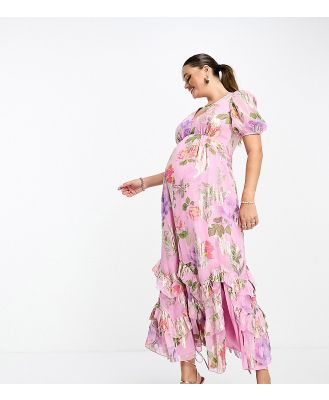 ASOS DESIGN Maternity ruffle frill hem maxi dress in pink lurex rose print-Multi