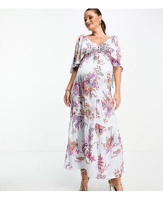 ASOS DESIGN Maternity satin flutter sleeve v-neck maxi dress with tier hem in paisley print-Multi