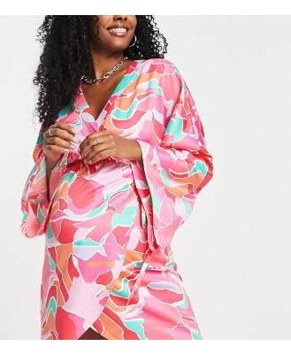 ASOS DESIGN Maternity satin wrap beach kimono with bold abstract print in pink-Multi